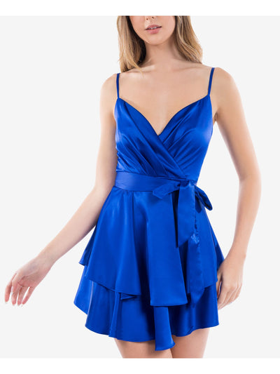 B DARLIN Womens Blue Pleated Zippered Layered Tie Sash Spaghetti Strap Surplice Neckline Mini Party Fit + Flare Dress 15\16