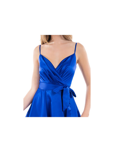 B DARLIN Womens Blue Pleated Zippered Layered Tie Sash Spaghetti Strap Surplice Neckline Mini Party Fit + Flare Dress 1\2