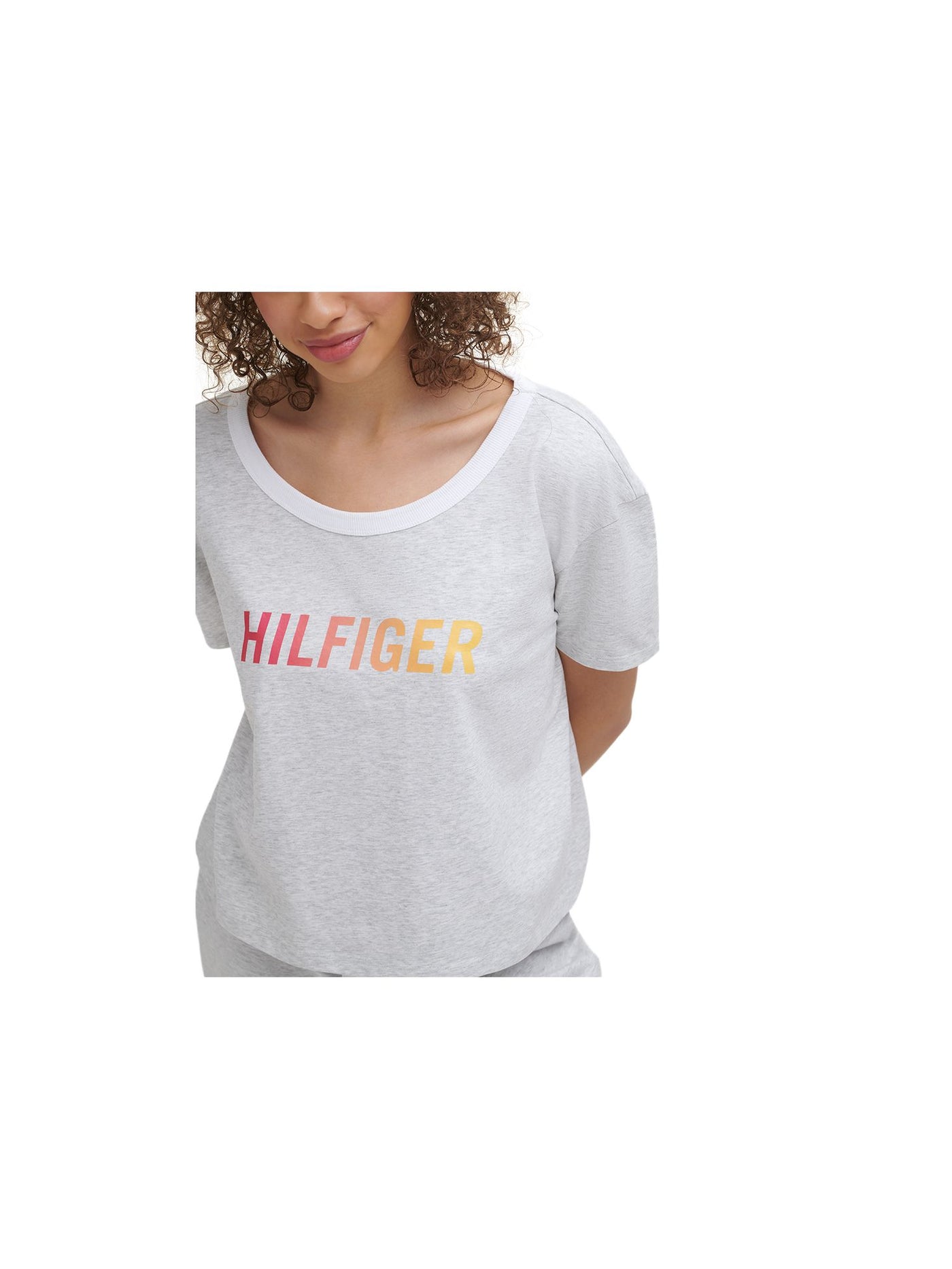 TOMMY HILFIGER SPORT Womens Gray Cut Out Short Length Ribbed Collar Breathable Logo Graphic Short Sleeve Scoop Neck T-Shirt XS