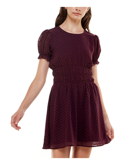 SPEECHLESS Womens Purple Gathered Sheer Keyhole Back Lined Pouf Sleeve Jewel Neck Mini Party Fit + Flare Dress XS