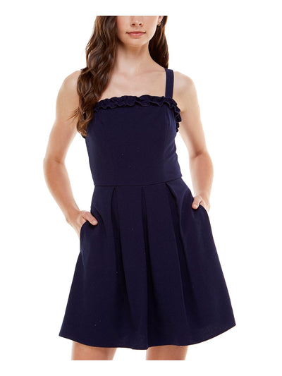 SPEECHLESS Womens Navy Stretch Zippered Pocketed Ruffled Pleated Sleeveless Square Neck Mini Party Fit + Flare Dress M