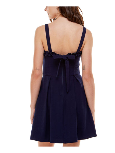 SPEECHLESS Womens Navy Stretch Zippered Pocketed Ruffled Pleated Sleeveless Square Neck Mini Party Fit + Flare Dress XXS