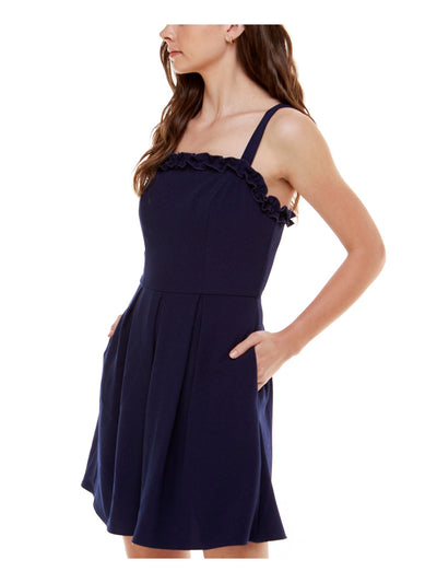 SPEECHLESS Womens Navy Stretch Zippered Pocketed Ruffled Pleated Sleeveless Square Neck Mini Party Fit + Flare Dress M