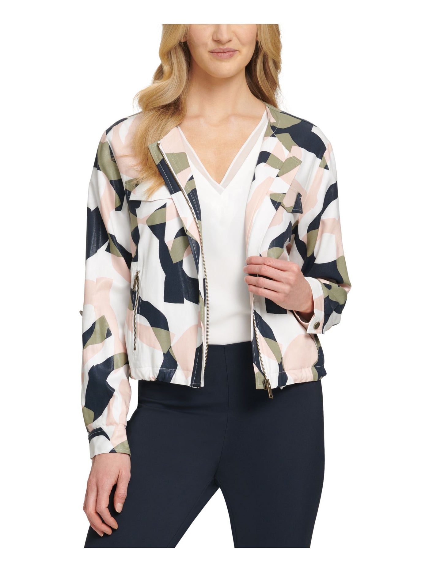 DKNY Womens White Pocketed Roll-Tab Sleeves Lined Printed Zip Up Jacket M