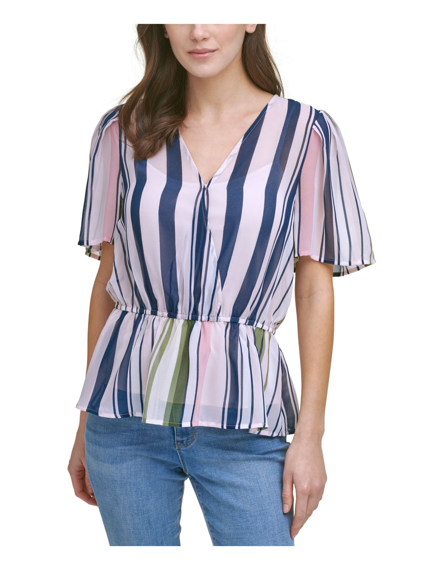 DKNY Womens Ivory Sheer Lined Elastic Waist Striped Short Sleeve Surplice Neckline Peplum Top XXS