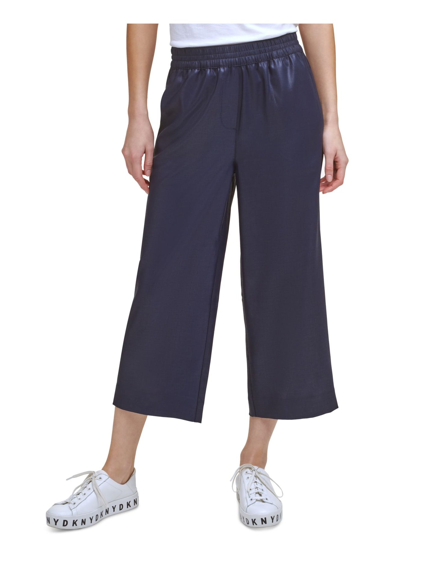 DKNY Womens Navy Stretch Pocketed Metallic Wide-leg Cropped Elastic-waist High Waist Pants XXS