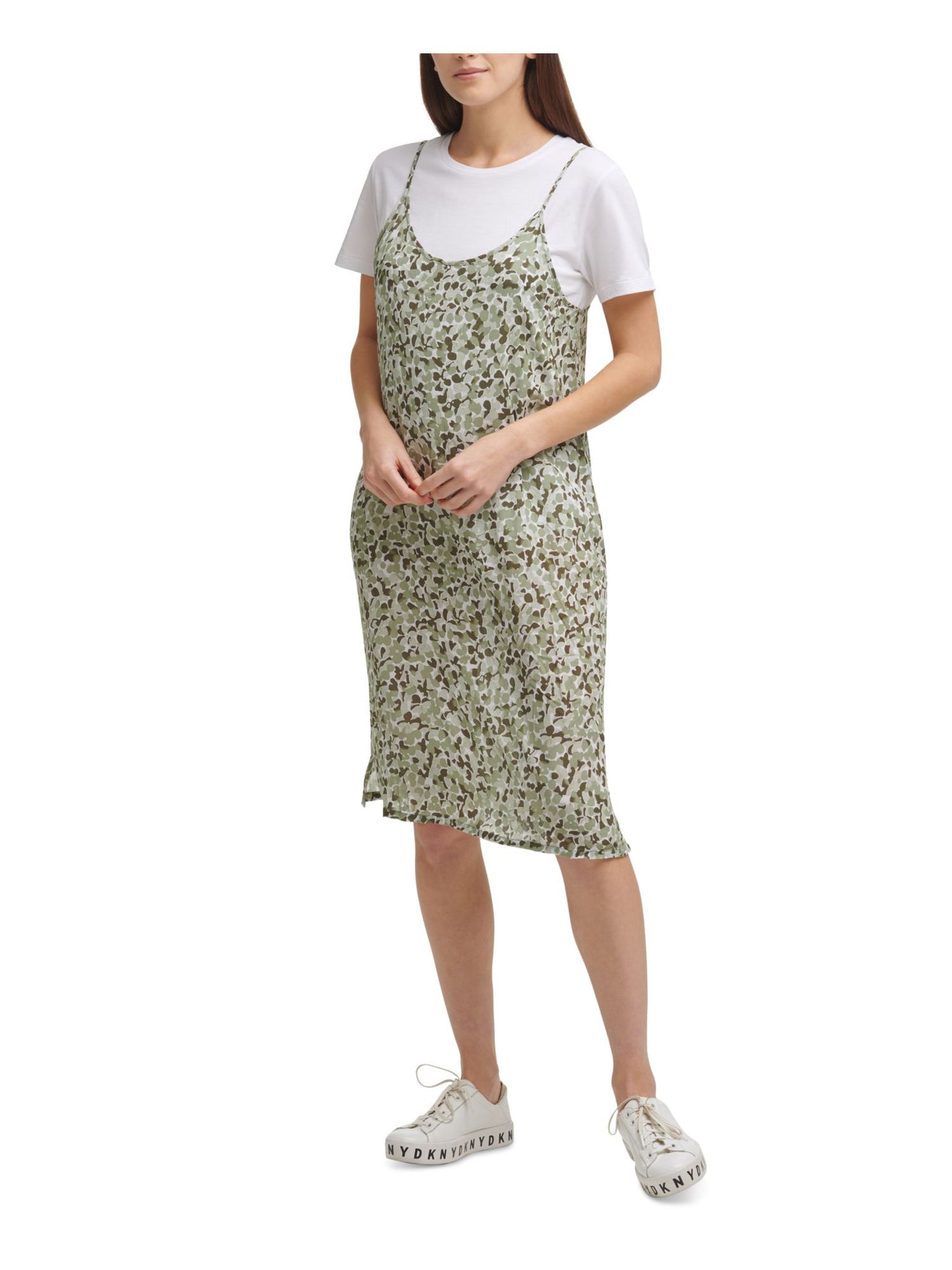 DKNY JEANS Womens Green Printed Short Sleeve Crew Neck Below The Knee Shift Dress XXS