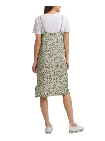 DKNY JEANS Womens Green Printed Short Sleeve Crew Neck Below The Knee Shift Dress XXS