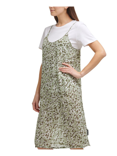 DKNY JEANS Womens Green Printed Short Sleeve Crew Neck Below The Knee Shift Dress XXS