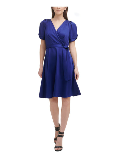 DKNY Womens Blue Pleated Zippered Belted Unlined Short Pouf Knot-s Surplice Neckline Above The Knee Evening Fit + Flare Dress 8