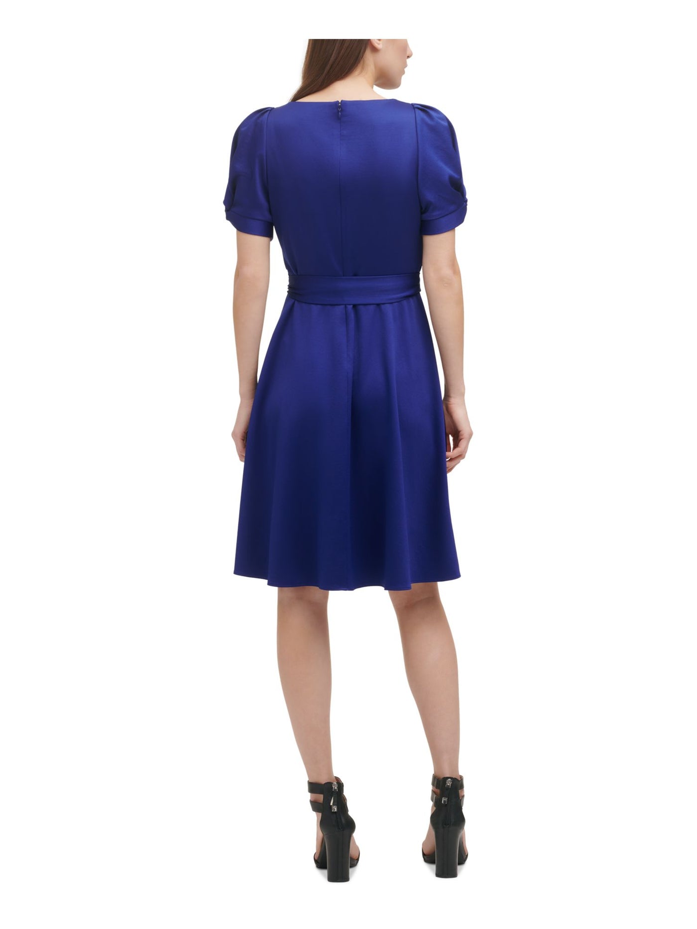 DKNY Womens Blue Pleated Zippered Belted Unlined Short Pouf Knot-s Surplice Neckline Above The Knee Evening Fit + Flare Dress 8