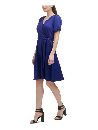 DKNY Womens Blue Pleated Zippered Belted Unlined Short Pouf Knot-s Surplice Neckline Above The Knee Evening Fit + Flare Dress 16