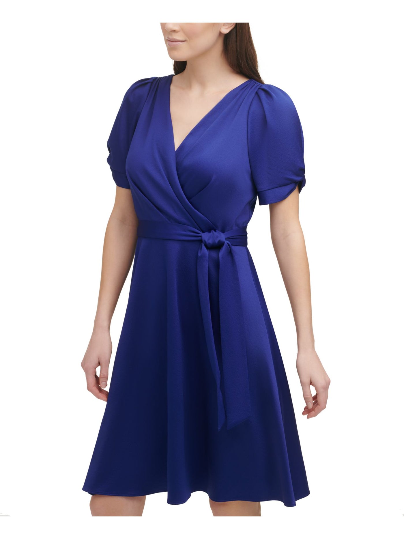 DKNY Womens Blue Pleated Zippered Belted Unlined Short Pouf Knot-s Surplice Neckline Above The Knee Evening Fit + Flare Dress 16