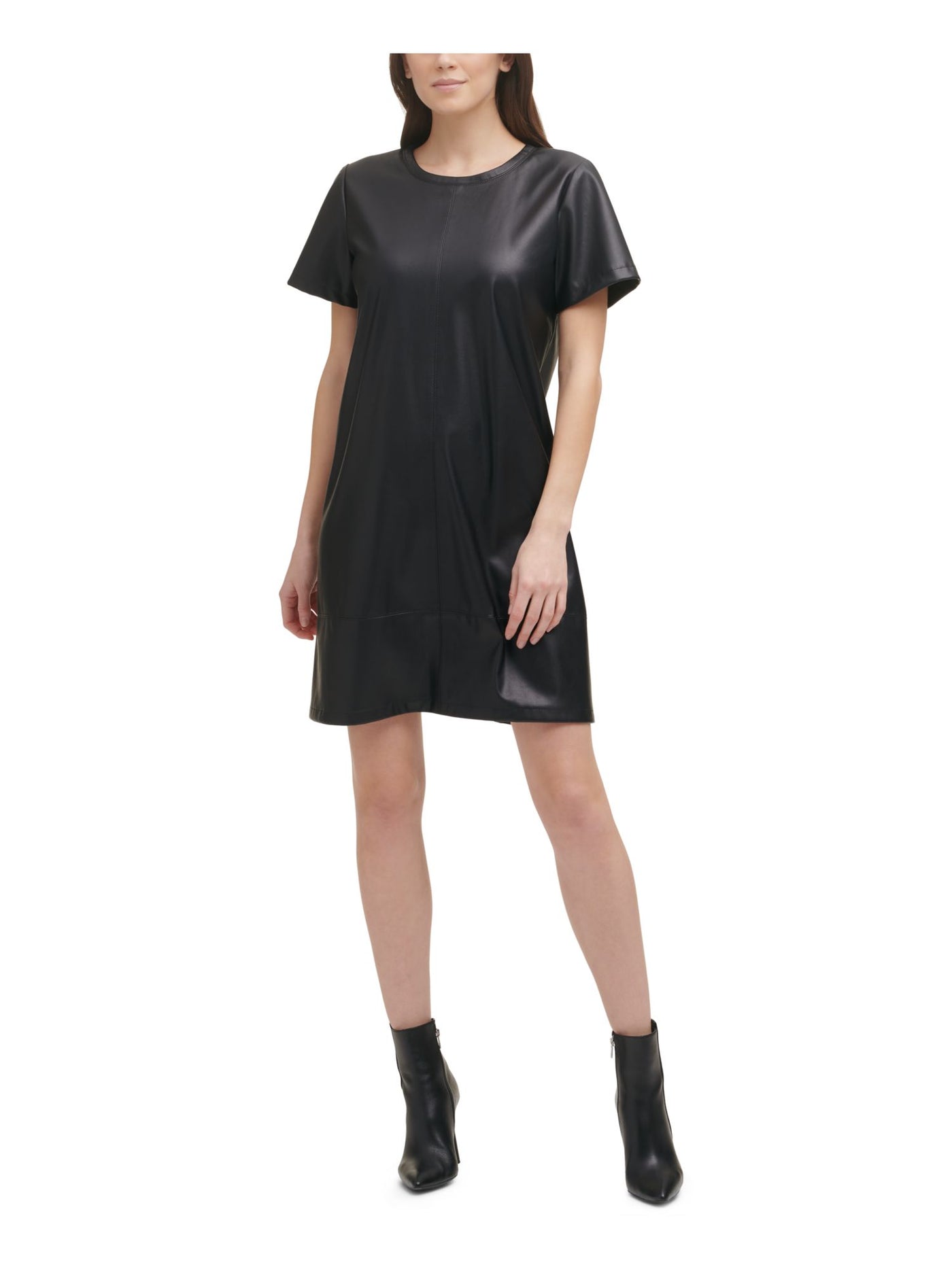 DKNY Womens Black Faux Leather Zippered Darted Unlined Short Sleeve Crew Neck Mini Party Shift Dress 2