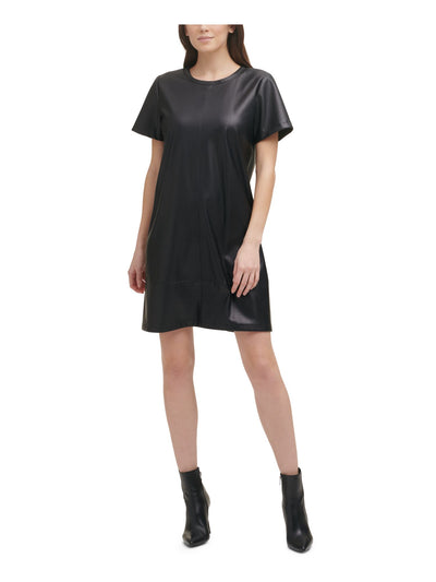 DKNY Womens Faux Leather Zippered Darted Unlined Short Sleeve Crew Neck Mini Party Shift Dress