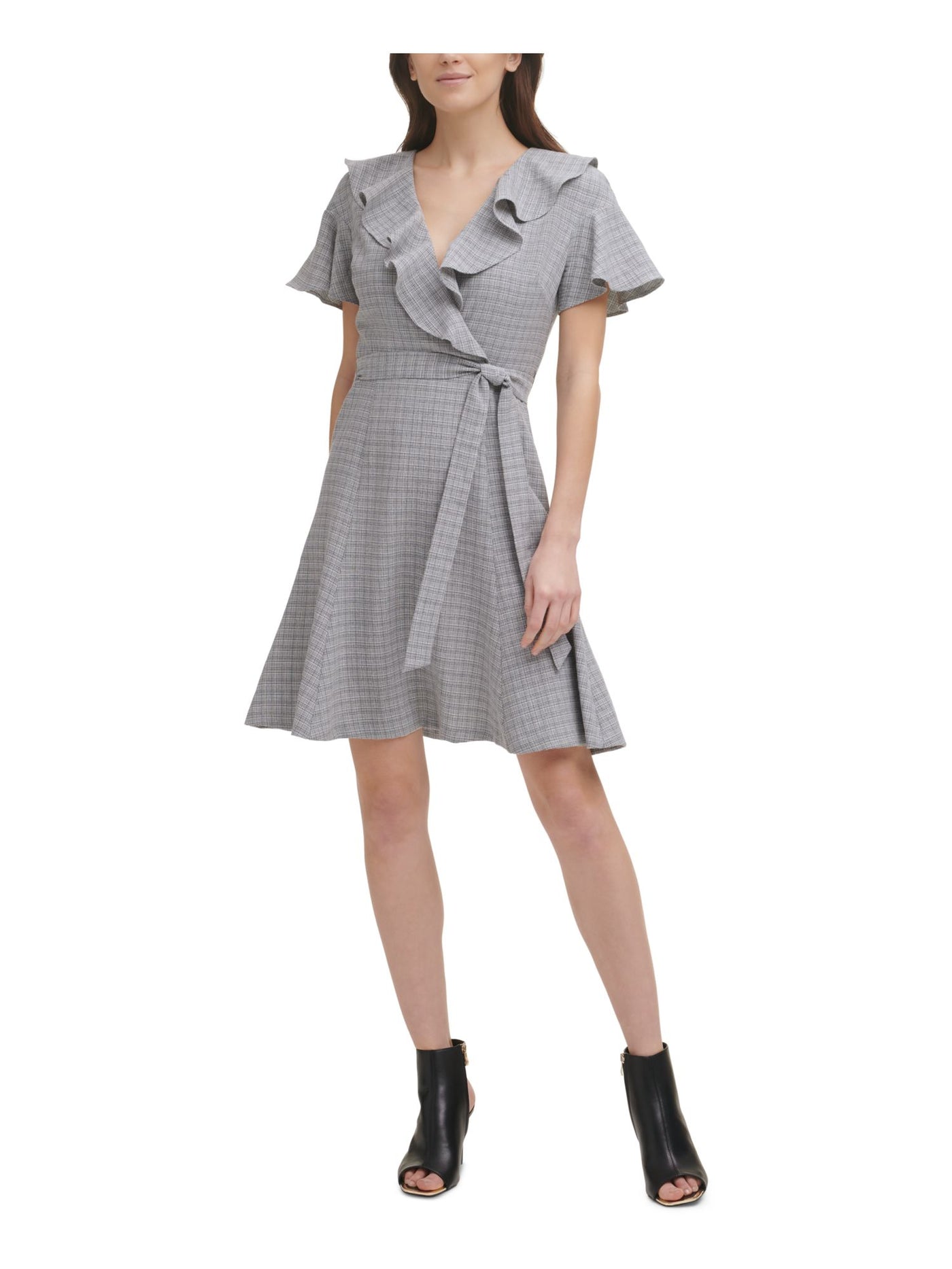 DKNY Womens Ruffled Zippered Unlined Tie Belt Flutter Sleeve Surplice Neckline Above The Knee Wear To Work Fit + Flare Dress