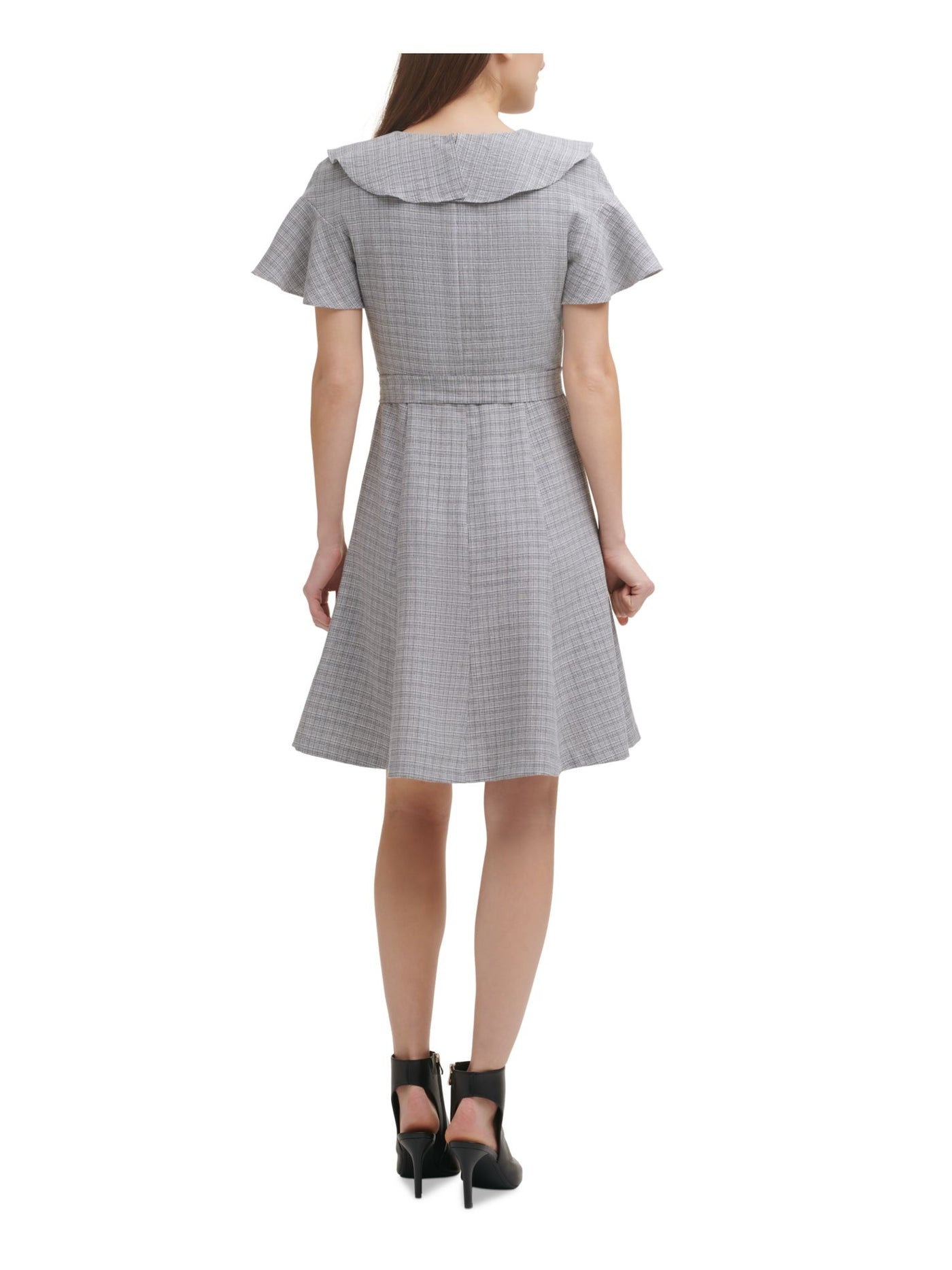 DKNY Womens Ruffled Zippered Unlined Tie Belt Flutter Sleeve Surplice Neckline Above The Knee Wear To Work Fit + Flare Dress