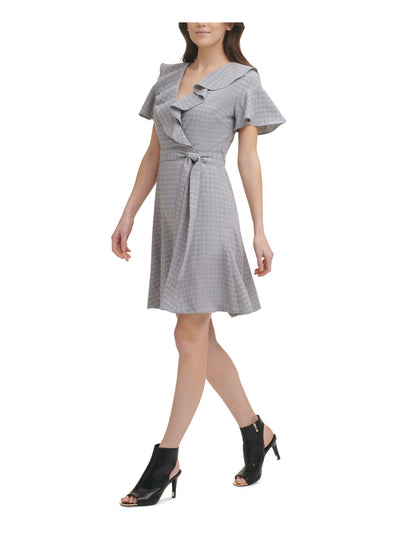 DKNY Womens Ruffled Zippered Unlined Tie Belt Flutter Sleeve Surplice Neckline Above The Knee Wear To Work Fit + Flare Dress