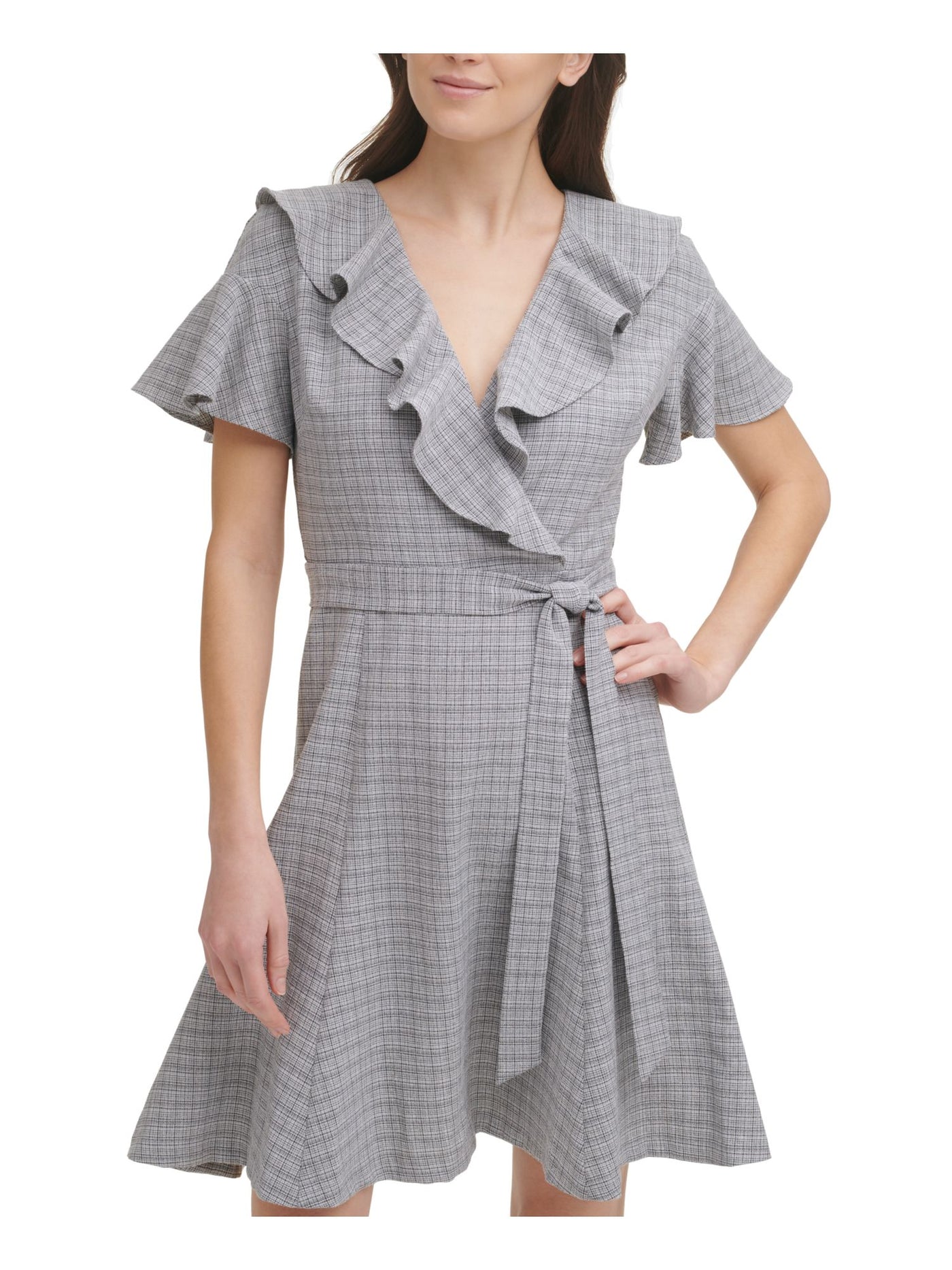 DKNY Womens Gray Ruffled Zippered Unlined Tie Belt Plaid Flutter Sleeve Surplice Neckline Above The Knee Wear To Work Fit + Flare Dress 12