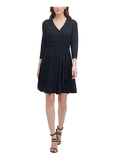 DKNY Womens Blue Stretch Belted Lined Button Front 3/4 Sleeve V Neck Above The Knee Evening Fit + Flare Dress M