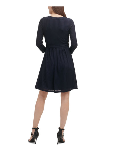 DKNY Womens Blue Stretch Belted Lined Button Front 3/4 Sleeve V Neck Above The Knee Evening Fit + Flare Dress M