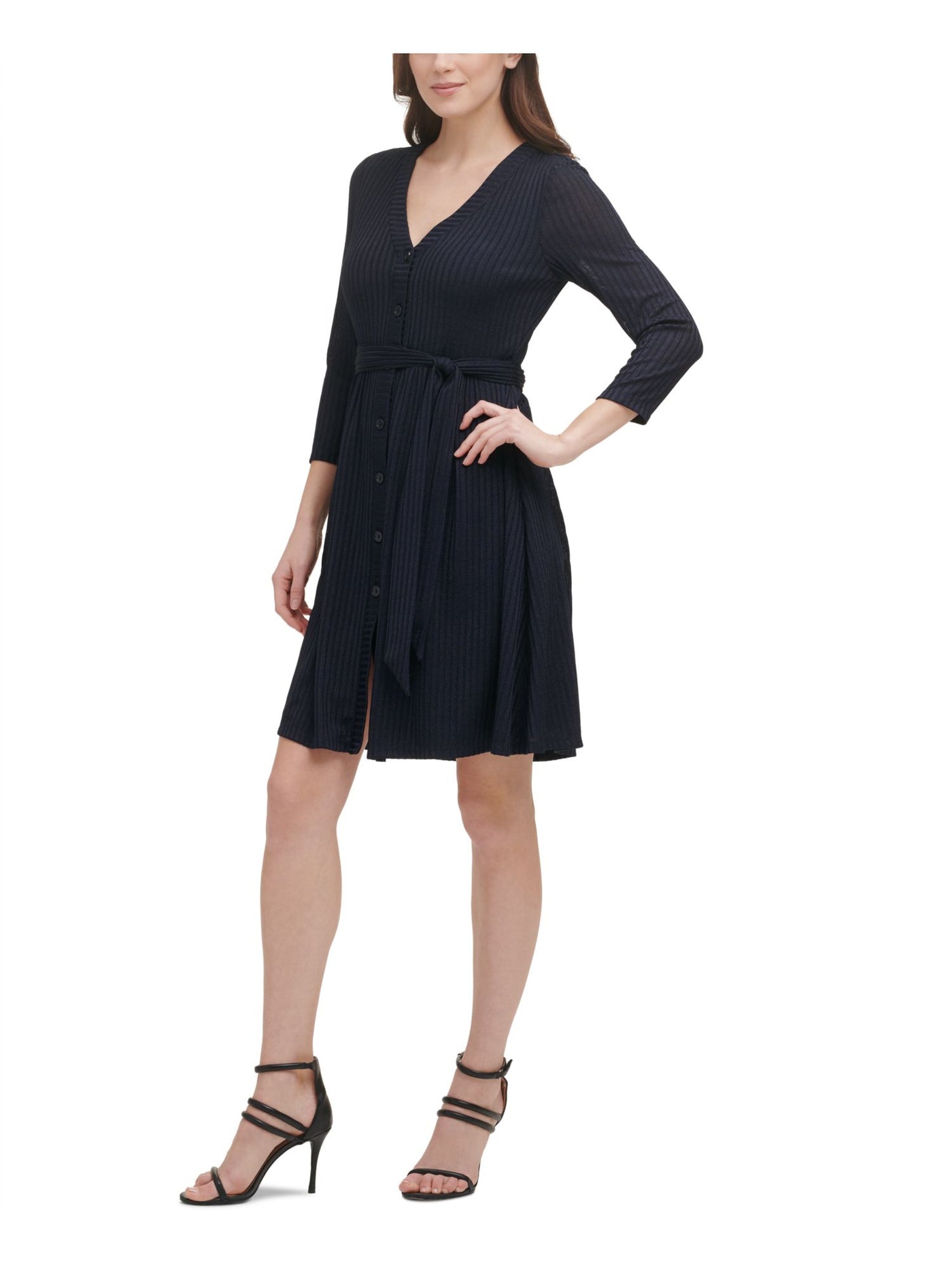 DKNY Womens Stretch Belted Lined Button Front 3/4 Sleeve V Neck Above The Knee Evening Fit + Flare Dress