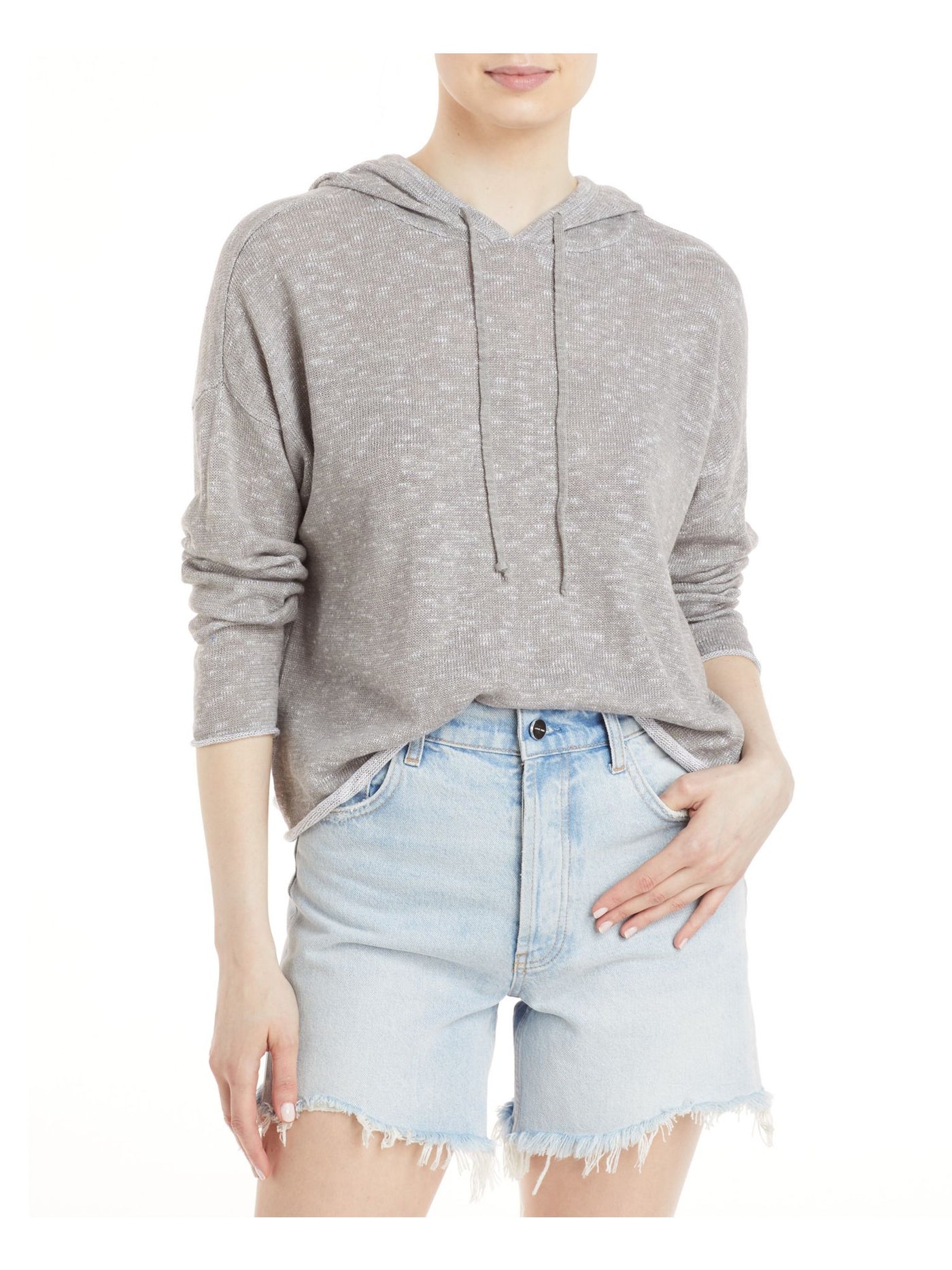 EILEEN FISHER Womens Gray Knit Tie Textured Raw Hem And Cuffs Heather Long Sleeve Hoodie Top S