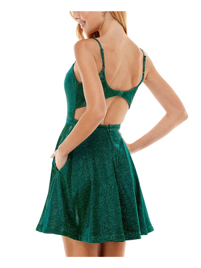 CITY STUDIO Womens Green Zippered Pocketed Padded Open Back Glitter Spaghetti Strap V Neck Short Party Fit + Flare Dress 9