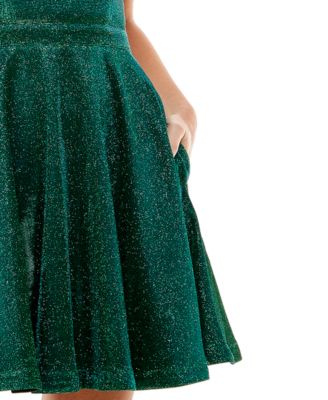 CITY STUDIO Womens Green Zippered Pocketed Padded Open Back Glitter Spaghetti Strap V Neck Short Party Fit + Flare Dress