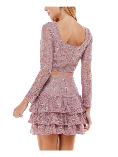 CITY STUDIO Womens Pink Sequined Lace Zippered Ruffled Long Sleeve Square Neck Short Party Fit + Flare Dress Juniors 17