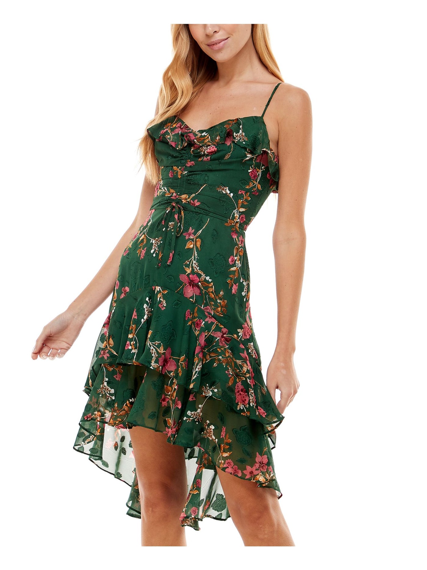 CITY STUDIO Womens Green Ruffled Zippered Ruched Tie Pleated Floral Spaghetti Strap V Neck Below The Knee Evening Hi-Lo Dress 5