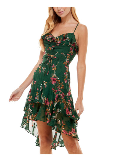 CITY STUDIO Womens Green Ruffled Zippered Ruched Tie Pleated Floral Spaghetti Strap V Neck Below The Knee Evening Hi-Lo Dress 1