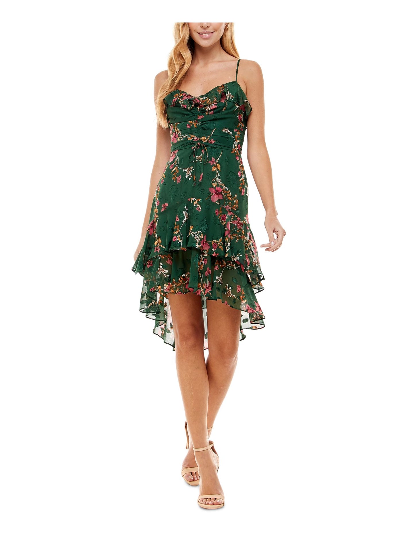 CITY STUDIO Womens Green Ruffled Zippered Ruched Tie Pleated Floral Spaghetti Strap V Neck Below The Knee Evening Hi-Lo Dress 5