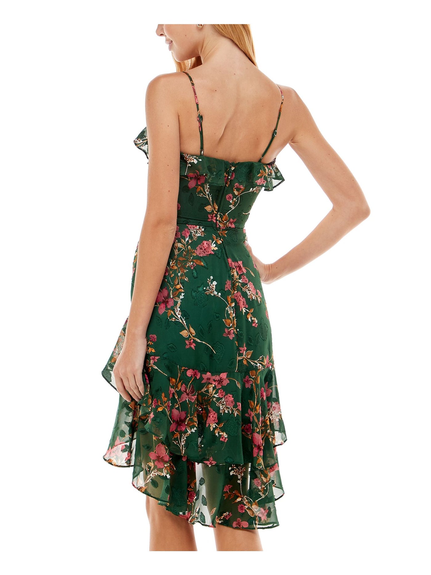 CITY STUDIO Womens Green Ruffled Zippered Ruched Tie Pleated Floral Spaghetti Strap V Neck Below The Knee Evening Hi-Lo Dress 1