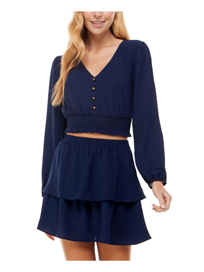 CITY STUDIO Womens Navy Stretch Smocked Tiered Ruffled Hem Long Sleeve V Neck Short Party Fit + Flare Dress L