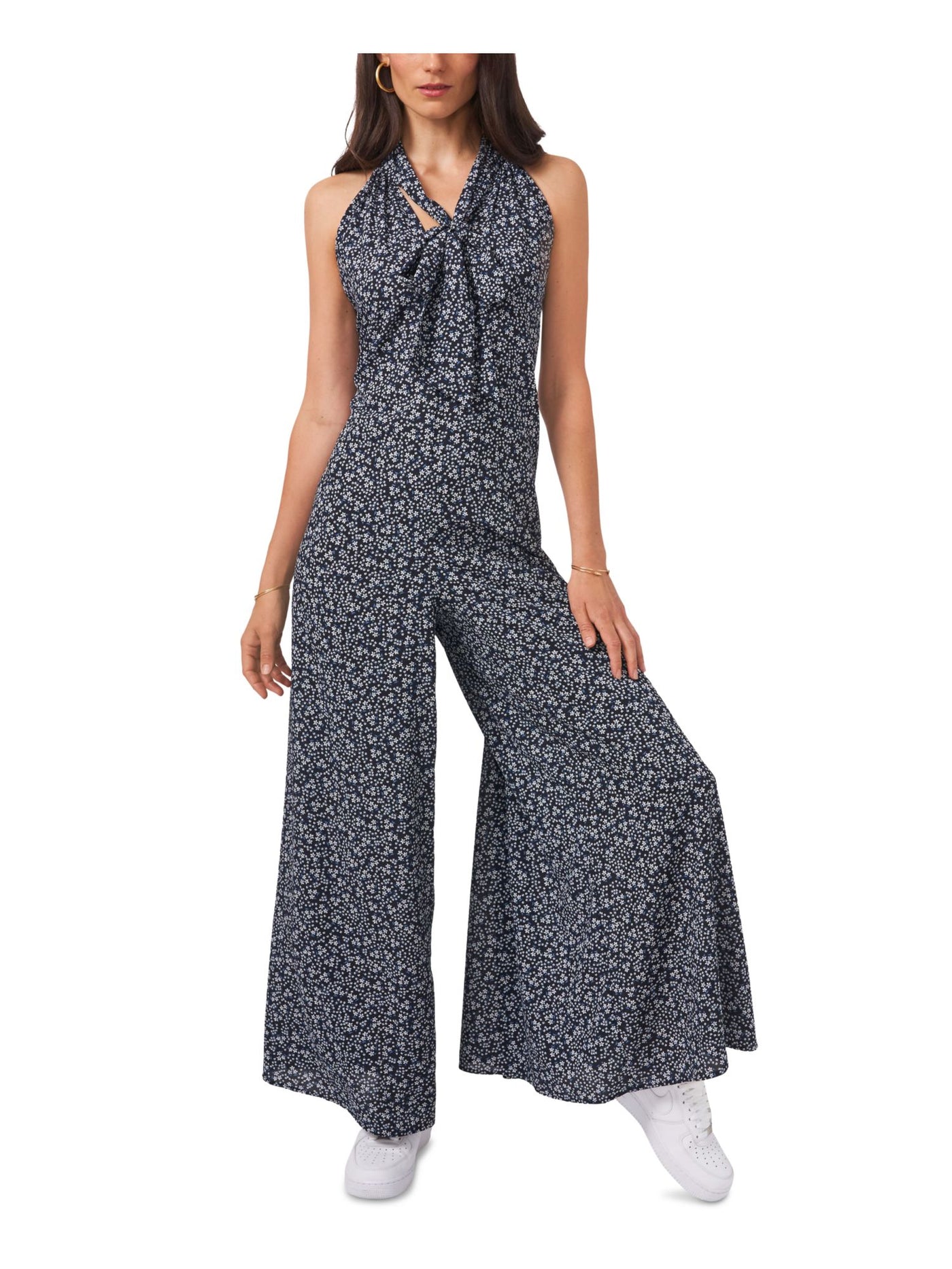 1. STATE Womens Navy Zippered Tie Floral Sleeveless Mock Neck Wide Leg Jumpsuit XL