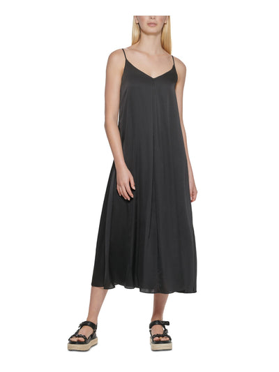 KARL LAGERFELD PARIS Womens Pleated Spaghetti Strap V Neck Tea-Length Cocktail Shift Dress