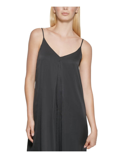 KARL LAGERFELD PARIS Womens Pleated Spaghetti Strap V Neck Tea-Length Cocktail Shift Dress