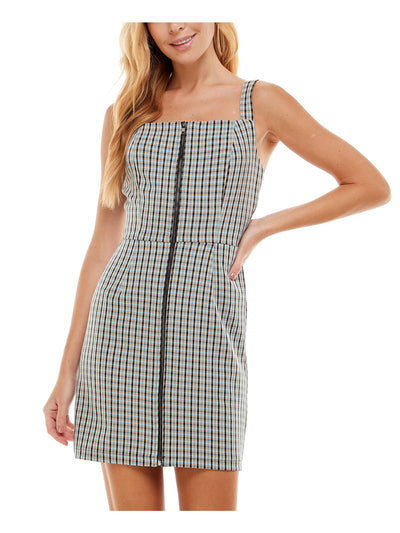 KINGSTON GREY Womens Beige Stretch Zippered Darted Plaid Sleeveless Square Neck Mini Sheath Dress L