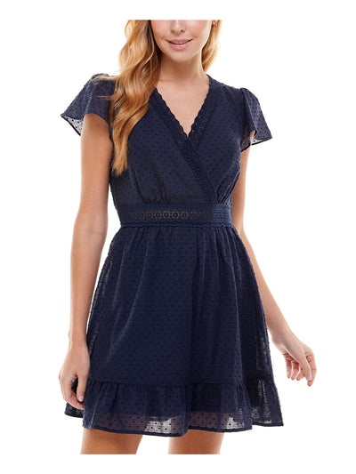 CITY STUDIO Womens Navy Sheer Ruffled Crochet-trim Flutter Sleeve Surplice Neckline Short Fit + Flare Dress XXS