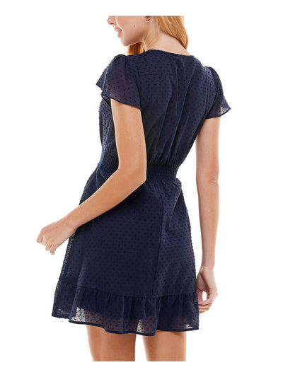 CITY STUDIO Womens Navy Sheer Ruffled Crochet-trim Flutter Sleeve Surplice Neckline Short Fit + Flare Dress XXS