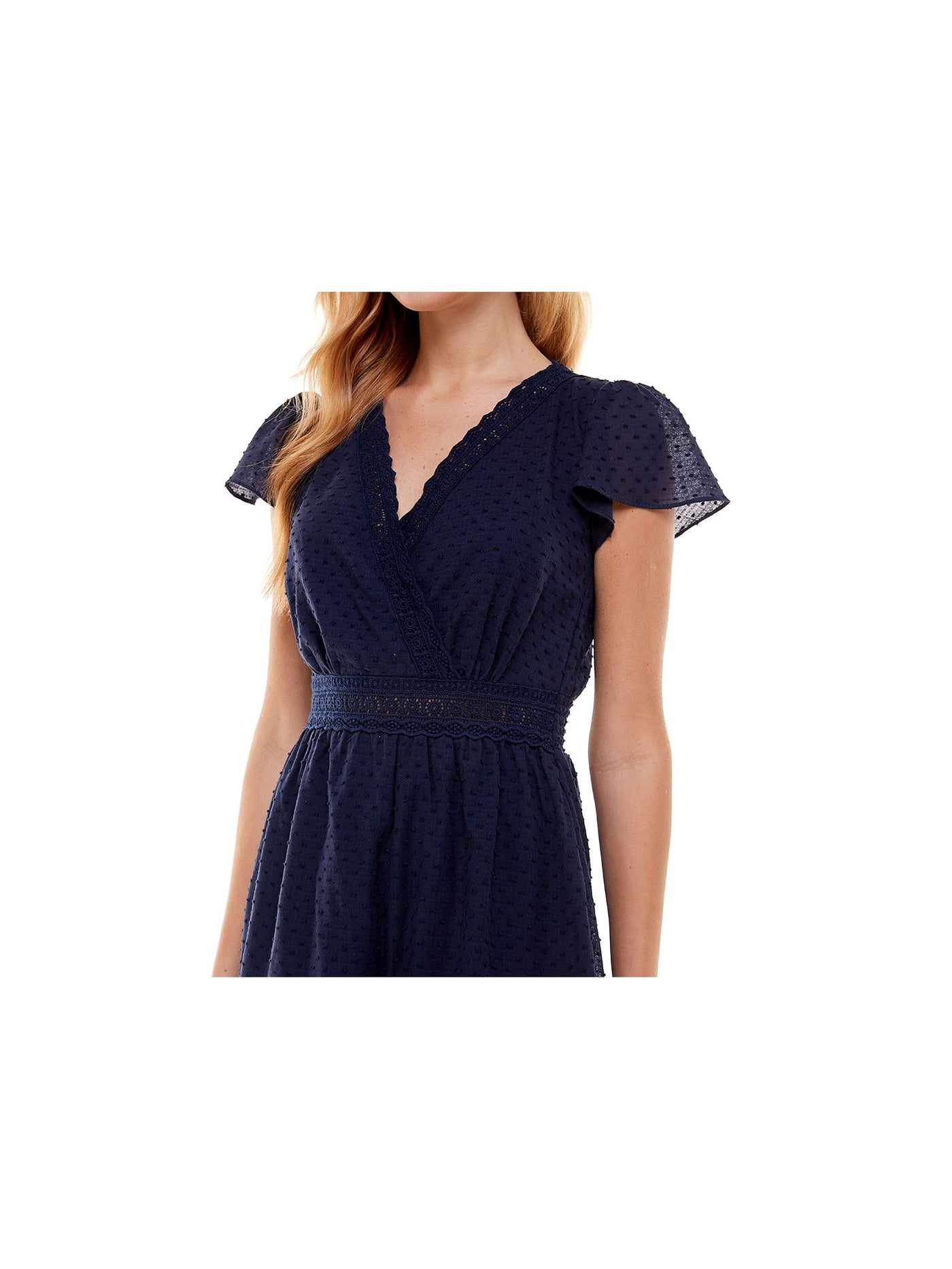 CITY STUDIO Womens Navy Sheer Ruffled Crochet-trim Flutter Sleeve Surplice Neckline Short Fit + Flare Dress XXS