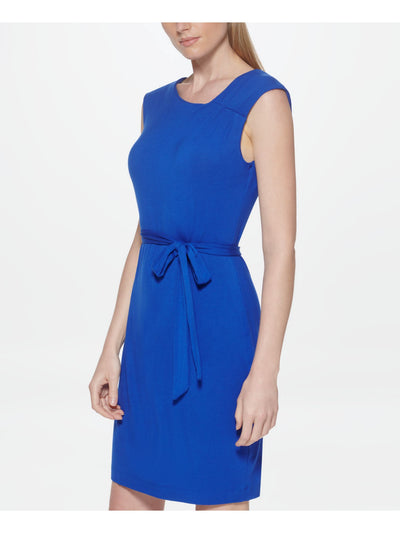 CALVIN KLEIN Womens Blue Stretch Pleated Belted Pullover Styling Sleeveless Asymmetrical Neckline Above The Knee Sheath Dress 10