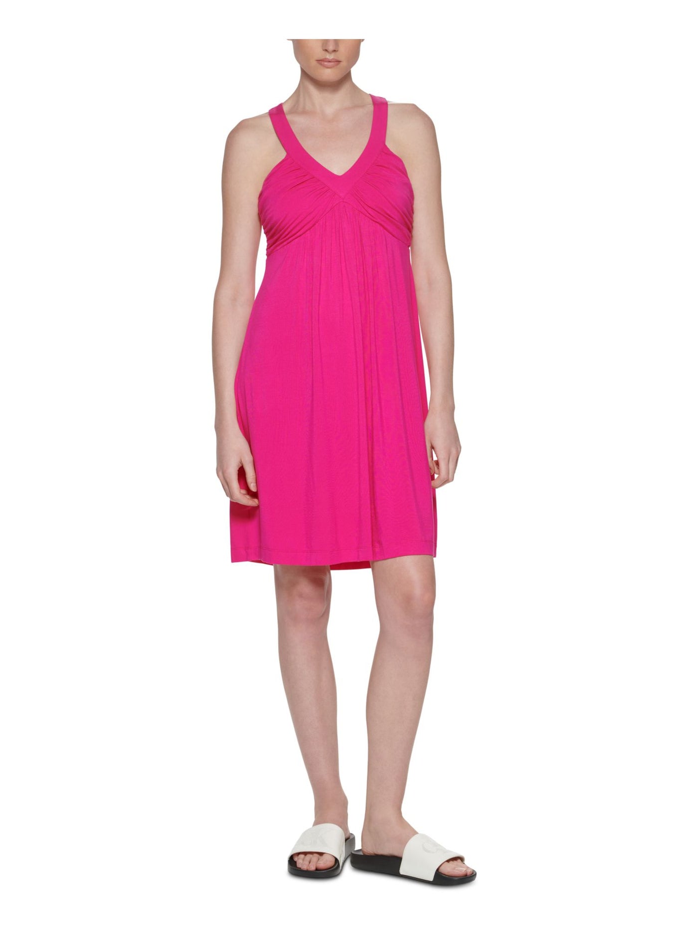 CALVIN KLEIN Womens Pink Pleated V Neck Above The Knee Sheath Dress 12