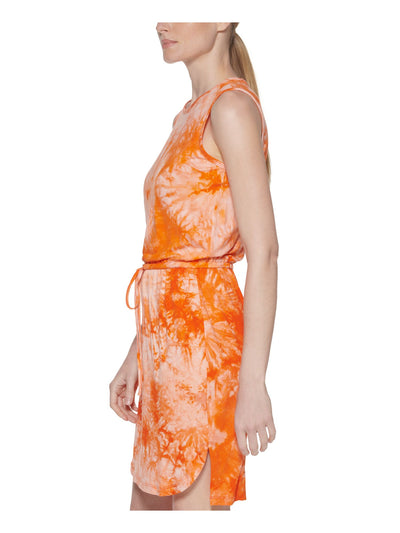 CALVIN KLEIN Womens Orange Stretch Slitted Drawstring Waist Tie Dye Sleeveless Round Neck Above The Knee Sheath Dress 4