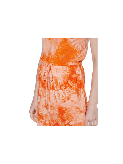 CALVIN KLEIN Womens Orange Stretch Slitted Drawstring Waist Tie Dye Sleeveless Round Neck Above The Knee Sheath Dress 10