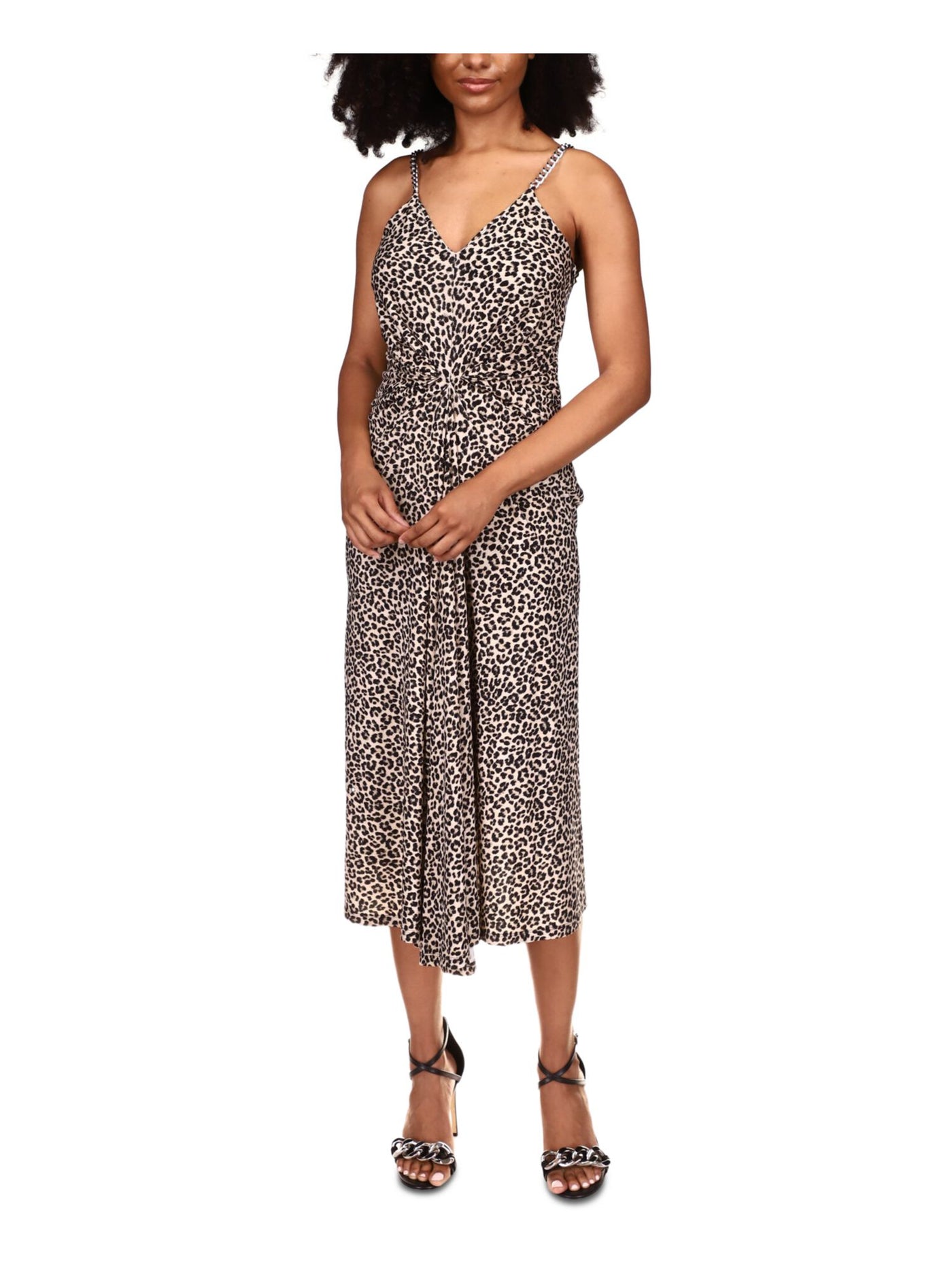 MICHAEL MICHAEL KORS Womens Brown Stretch Twist Front Pleated Chain Front Straps Animal Print Sleeveless V Neck Maxi Party Sheath Dress M