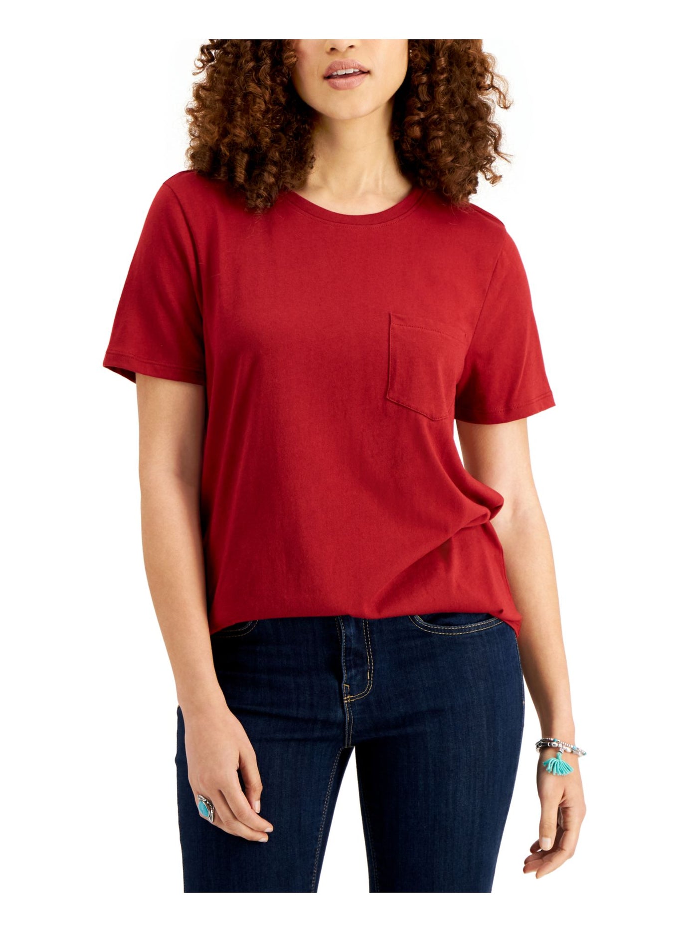 STYLE & COMPANY Womens Maroon Pocketed Short Sleeve Crew Neck T-Shirt XS