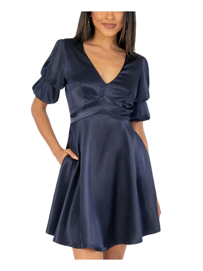 SPEECHLESS Womens Navy Pocketed Darted Satin Short Sleeve V Neck Short Party Fit + Flare Dress 3