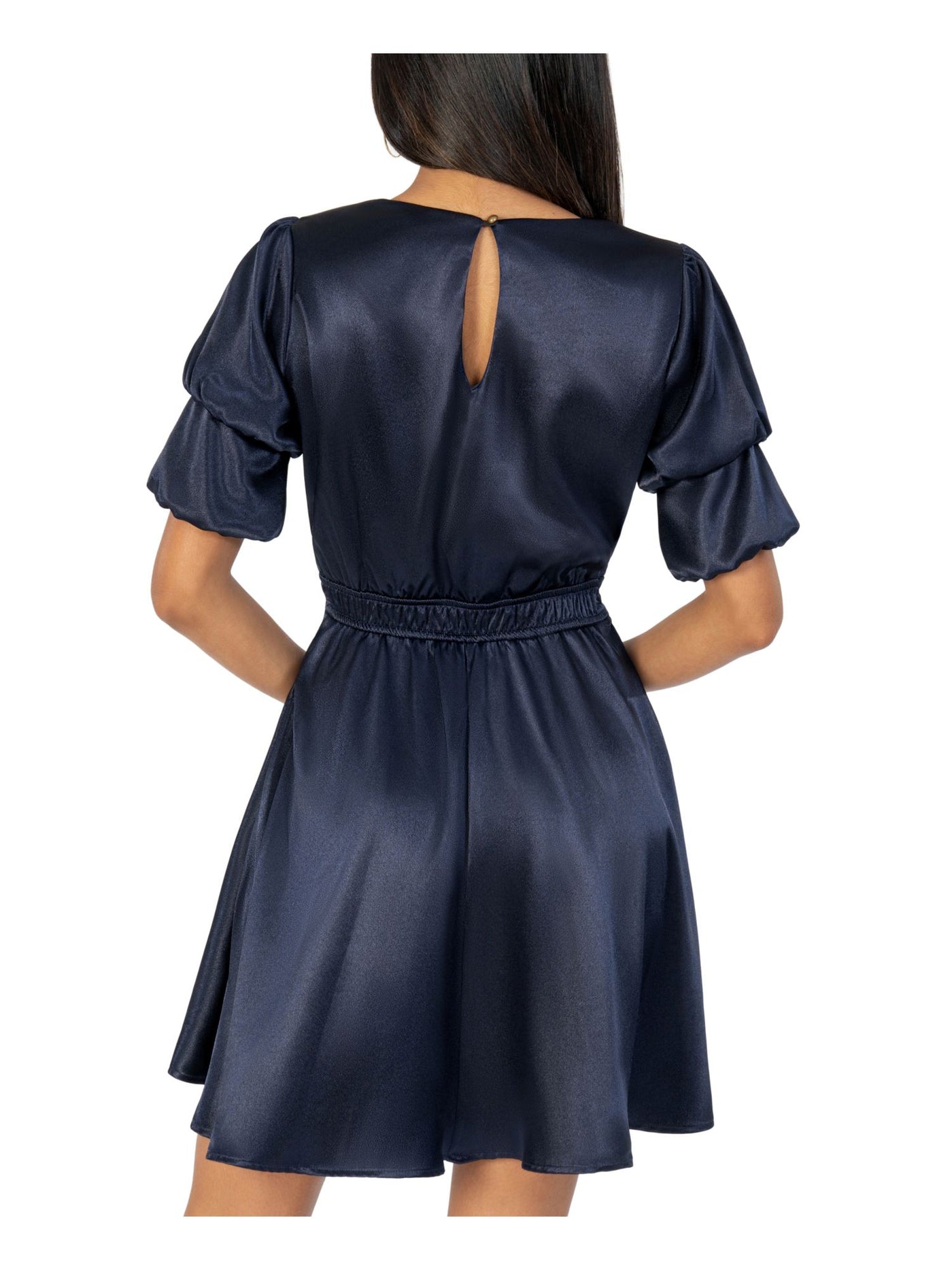 SPEECHLESS Womens Navy Pocketed Darted Satin Short Sleeve V Neck Short Party Fit + Flare Dress 9